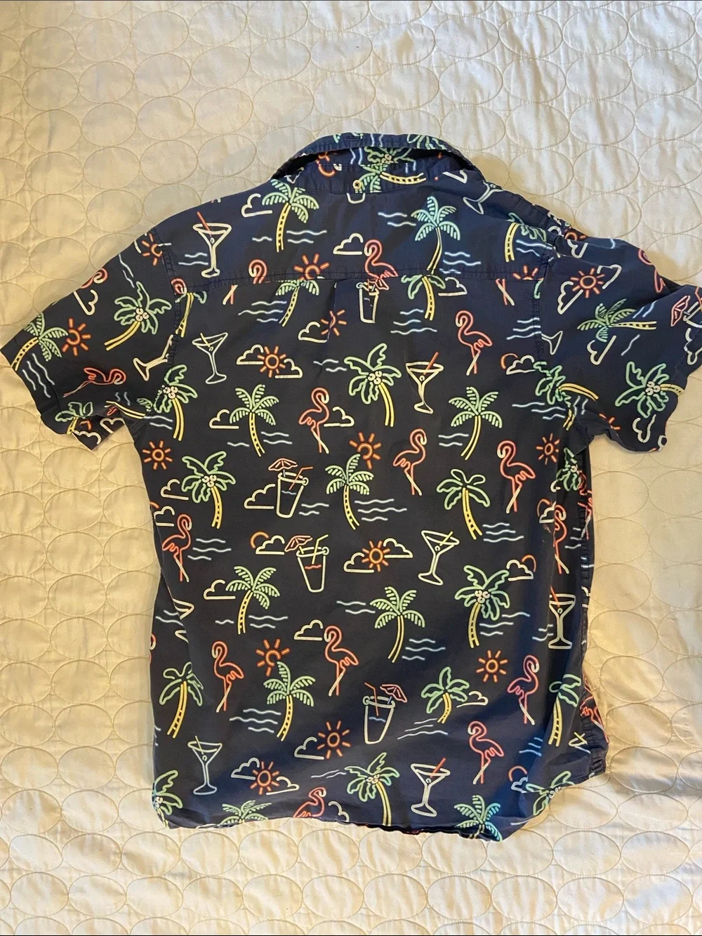chubbies Navy Short-Sleeve Button-Down with Neon Palm & Flamingo Print